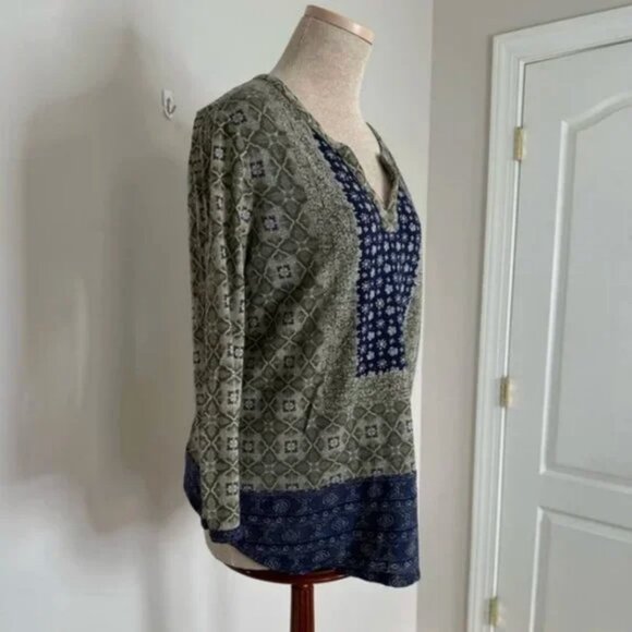 Lucky Brand Boho Print Split Neck Popover Blue and Olive Long Sleeve Size Large - Picture 3 of 8